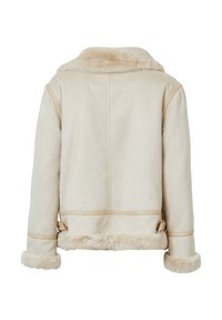 Giacca in finta suede beige con collo e polsini in pelliccia, caratterizzata da una texture liscia e un design minimalista con fibbie laterali in vita.
