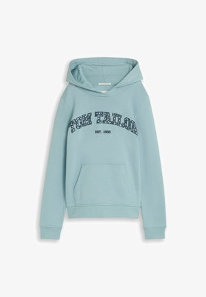 Sweat à capuche bleu clair avec poche avant et capuche, avec le texte "Tom Tailor EST. 1962" sur la poitrine en police à motifs.