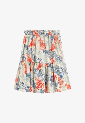 Blomsteretage nederdel i let stof; har røde og blå botaniske mønstre på en cremefarvet baggrund; elastisk talje for komfort.