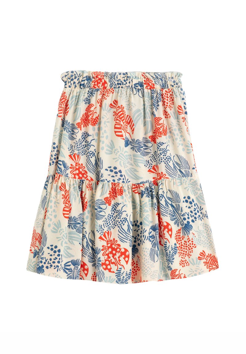 Blomsteretage nederdel i let stof; har røde og blå botaniske mønstre på en cremefarvet baggrund; elastisk talje for komfort.