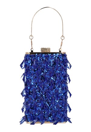 Blue sequined handbag with a structured shape, metallic handle, and jewel-like clasp. Features layered textures and shiny accents.