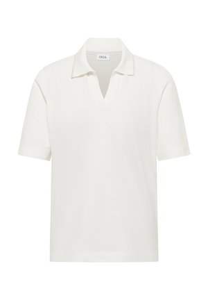 Polo blanco de manga corta con cuello y escote en V, diseño liso, hecho de tela suave.