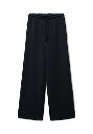 Schwarze weite Hosen aus weichem Stoff mit elastischem Bund und Kordelzug. Sie verfügen über eine glatte Textur und bieten einen lockeren Sitz.