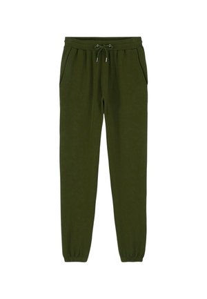 Pantalons de jogging en coton vert avec une taille à cordon de serrage, poches latérales, poignets élastiques et une texture douce.