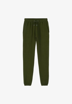 Pantalons de jogging en coton vert avec une taille à cordon de serrage, poches latérales, poignets élastiques et une texture douce.