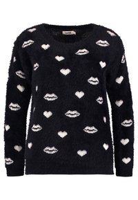 Black, fuzzy sweater with a crew neck, featuring a pattern of white kisses and hearts throughout. Soft texture with long sleeves.
