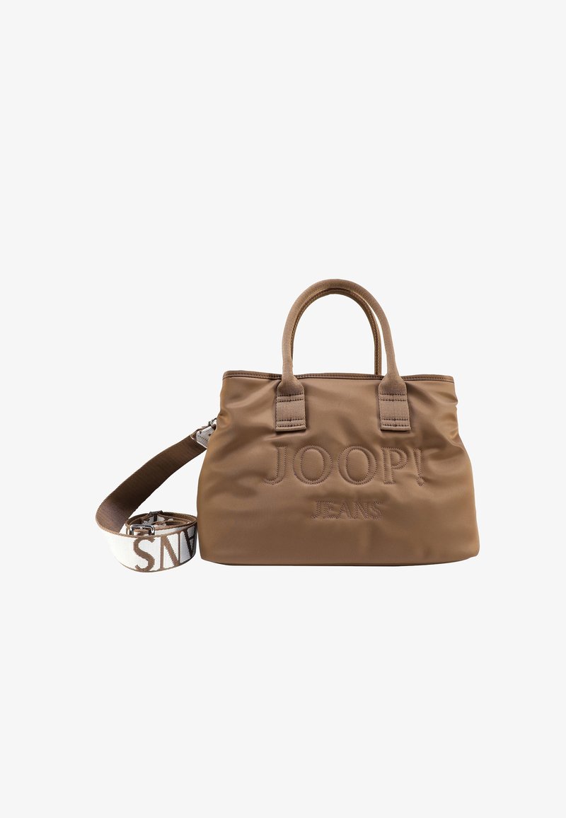 Sac à main en tissu souple marron avec double poignée, large bandoulière beige et marron ajustable, logo embossé « JOOP! JEANS » sur le devant.