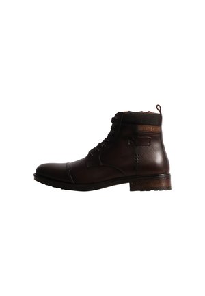 Bottine en cuir marron foncé à lacets, avec une bride latérale, une boucle d’enfilage et un talon bloc bas, présentée de profil sur fond blanc.