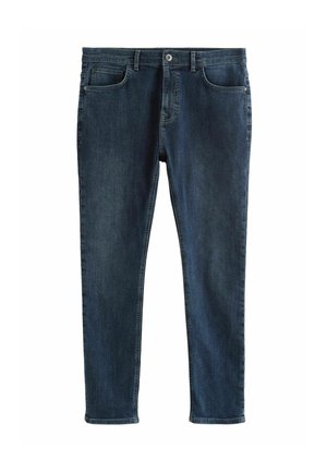 Jeans in denim blu scuro con vestibilità slim, dotati di cinque tasche, chiusura con bottone e dettagli di cucitura sottili. Tessuto liscio.
