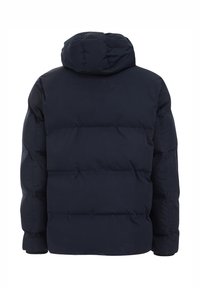 Navy blue puffer jacket with a hood, featuring a quilted design, thick insulation, and ribbed cuffs for added warmth and comfort.