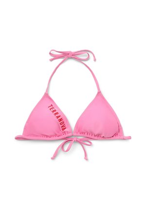 Top bikini a triangolo rosa con spalline sottili e laccetti al collo e sulla schiena, con la scritta "TERRANOVA" stampata sulla coppa sinistra.