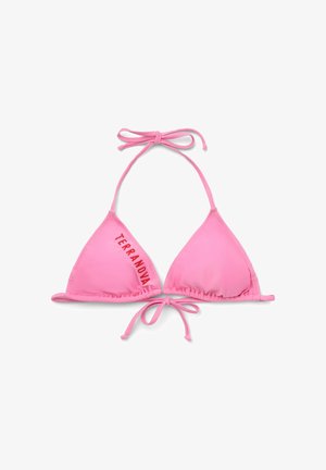 Top bikini a triangolo rosa con spalline sottili e laccetti al collo e sulla schiena, con la scritta "TERRANOVA" stampata sulla coppa sinistra.