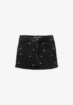 Schwarzer Jeansrock mit silbernen Ösen, fünf Taschen, Frontknopfverschluss und leicht ausgestelltem Saum. "BLUE RIDGE"-Etikett am Bund.