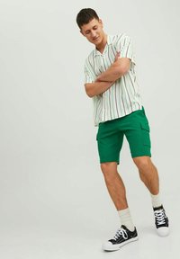Grønne teksturerede cargo shorts og en hvid kortærmet skjorte med lodrette grønne striber. Outfitet afsluttes med sorte sneakers.