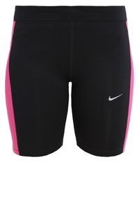 Černé sportovní šortky s růžovými bočními panely, vyrobené z elastického materiálu. Na spodní levé straně vpředu se nachází šedé logo Nike. Hladký povrch.