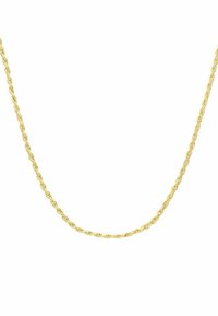 Collier en chaîne torsadée dorée présentant un design délicat et uniforme avec une texture lisse. Longueur appropriée pour être porté autour du cou.