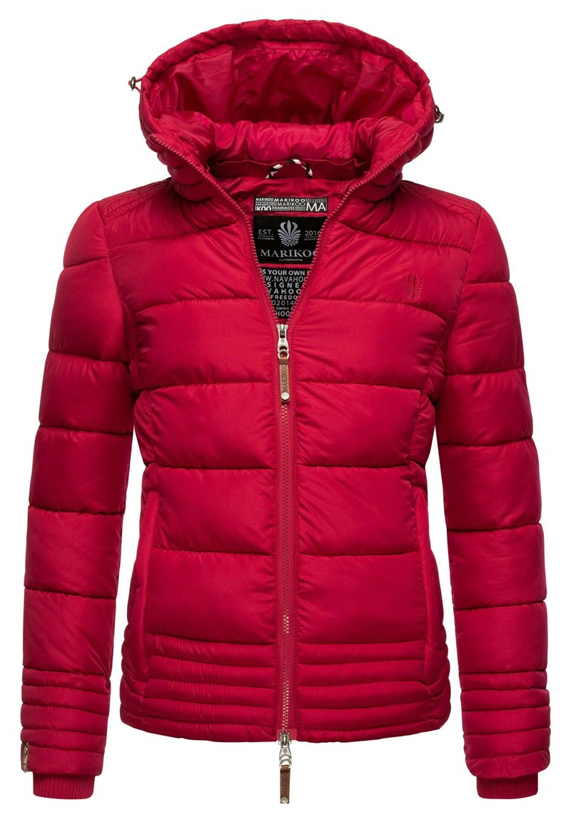 Red padded jacket with a zip-up front, a hood, ribbed cuffs, and quilted pattern detailing. Features metallic hardware and brand tag.