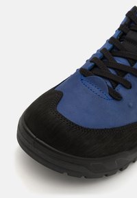 Chaussure de randonnée en suede bleu avec une semelle extérieure en caoutchouc noir et un embout texturé ; dotée de lacets noirs et de coutures bleues contrastantes.