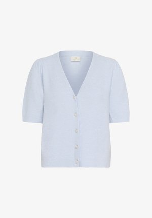 Lyseblå kortærmet cardigan med V-hals og fem perleknapper foran, lavet af blødt strikstof.