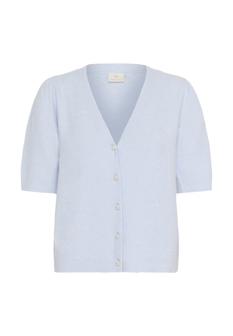 Cardigan bleu clair à manches courtes avec col en V et cinq boutons en perle sur le devant, réalisé en tissu tricoté doux.