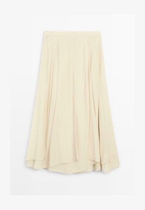 Beige, knielanger Rock aus weichem Stoff, mit Falten und einem fließenden Design sowie einem geschwungenen Saum. Minimalistischer Stil, keine sichtbaren Beschläge.