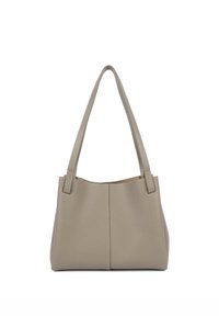 Sac cabas en cuir gris avec deux longues anses, une surface texturée et un design simple. Le corps présente une couture centrale pour une meilleure structure.