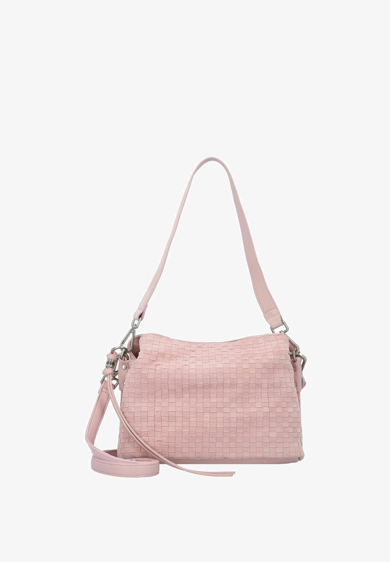 Geweven roze leren handtas met een enkele schouderriem en een afneembare crossbodyriem. Kenmerkt zich door een zachte textuur en een subtiele glans.