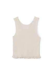 Top in cotone beige a costine con scollatura rotonda e orlo arricciato. Realizzato in materiale morbido, progettato per una silhouette aderente.