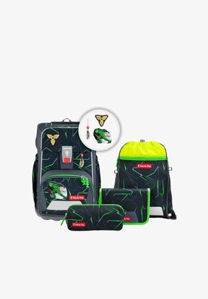 Backpack set includes a large backpack, drawstring bag, pencil case, and organizer, featuring a black design with neon green accents and patterns.