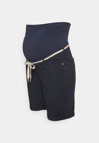 Short de maternité bleu marine avec taille élastique et cordon crème, conçu pour le confort et un ajustement modulable pendant la grossesse.