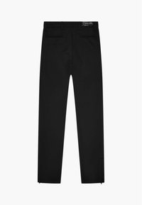 Zwarte broek met een op maat gemaakt ontwerp, voorzien van twee achterzakken en ritsen bij de enkels voor een verstelbare pasvorm. Gladde stoftextuur.