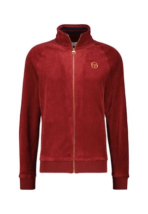 Red velour jacket with high collar, gold zipper, and logo. Features ribbed cuffs and hem for a fitted look. Smooth texture throughout.