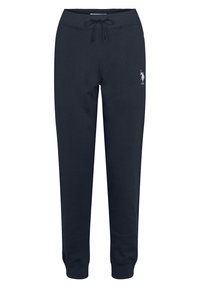 Námořnické tepláky vyrobené z měkké tkaniny, s elastickým pasem se šňůrkou, žebrovanými manžetami a malým logem vpředu.