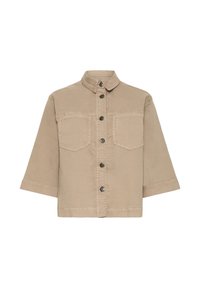 Veste utilitaire beige avec col, fermeture à boutons, deux poches poitrine et manches courtes. Confectionnée en tissu résistant avec une finition texturée.