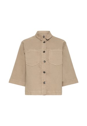 Veste utilitaire beige avec col, fermeture à boutons, deux poches poitrine et manches courtes. Confectionnée en tissu résistant avec une finition texturée.