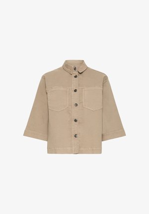 Beige Utility-Jacke mit Kragen, Knopfverschluss, zwei Brusttaschen und kurzen Ärmeln. Hergestellt aus strapazierfähigem Stoff mit strukturierter Oberfläche.