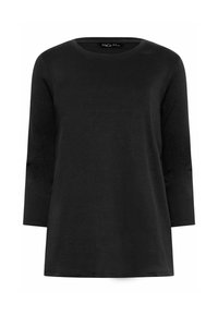 Chemise noire à manches longues avec col rond, coupe décontractée et ourlet droit, présentée sur un fond blanc uni.