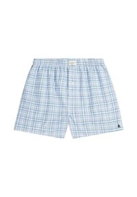 Boxers de cuadros azul claro con cintura elástica, cierre de botones al frente y un pequeño detalle de logo negro en el dobladillo. Hechos de tela suave.