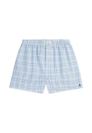 Boxers de cuadros azul claro con cintura elástica, cierre de botones al frente y un pequeño detalle de logo negro en el dobladillo. Hechos de tela suave.