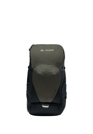 Zaino nero e verde con tessuto testurizzato, fronte imbottito, chiusura con zip superiore e spallacci regolabili. Presenta il marchio sul davanti.
