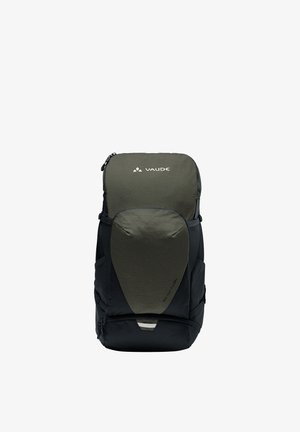 Zaino nero e verde con tessuto testurizzato, fronte imbottito, chiusura con zip superiore e spallacci regolabili. Presenta il marchio sul davanti.