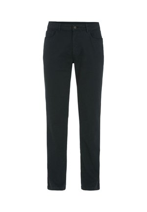 Schwarze Hose mit geradem Bein, vorderem Knopf- und Reißverschluss, Gürtelschlaufen und Taschen vorne sowie hinten.