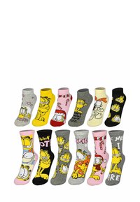 Set di 12 calzini con design a fumetti. I colori includono grigio, giallo, rosa e nero. Vari modelli mostrano i personaggi di Garfield.