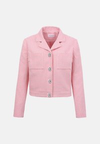 Chaqueta recortada de pata de gallo rosa y blanca con mangas largas, cuello con muesca y cuatro botones cuadrados plateados en la parte delantera.