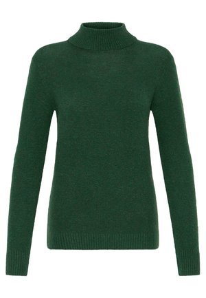 Grüner, gerippter Rollkragenpullover aus weichem Strickmaterial. Verfügt über lange Ärmel und eine taillierte Passform. Glatte Textur ohne sichtbare Muster.