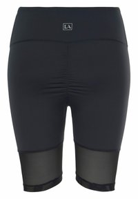 Schwarze Sportshorts mit hohem Bund, einem gerafften Design an der Rückseite und transparenten Netzpaneelen am Saum.
