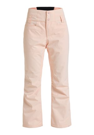 Pink ski pants made of waterproof fabric, featuring a straight leg design, two front pockets, and button closures at the waist.