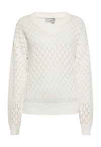 Sweter w serek w kolorze kremowym z wzorem diamentowym, z ribbowanymi mankietami i dołem. Lekka, oddychająca tekstura z ażurowym wzorem.