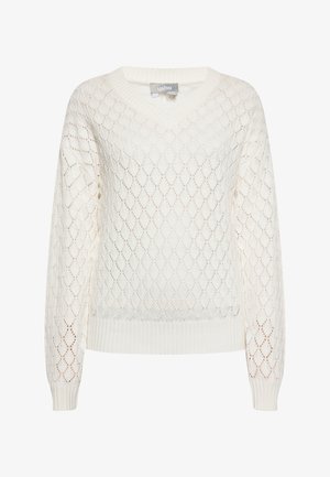 V-hals sweater i kremfarvet med et diamantstrikmønster, der har ribbede ærmer og kant. Letvægts, åndbar tekstur med åbent mønster.