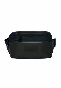 Borsa a tracolla nera e blu navy con corpo in tessuto testurizzato, pannello liscio, tasca frontale con zip e tracolla regolabile.